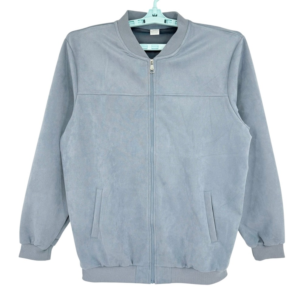 Manfinity Mens Dusty Blue Lightweight Faux Suede Bomber Jacket Sz L Ribbed Trim